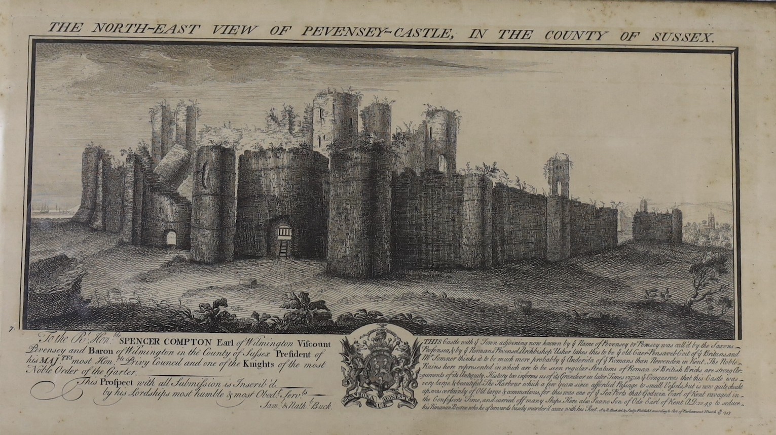 Samuel and Nathaniel Buck, six engravings, Views of Sussex Castles 1737, overall 23 x 40cm and a similar view of the Church of St Olave, 28 x 31cm